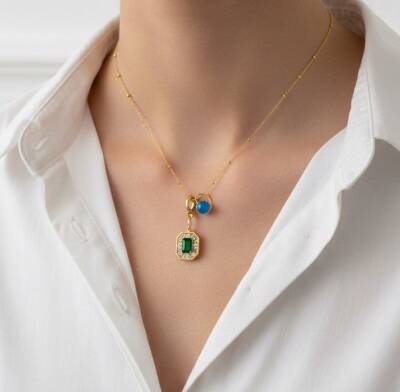 Jasmin Yeşil Taşlı Kolye - 