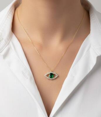 Joie Gold Yeşil Taşlı Göz Kolye - Nihan Dulon
