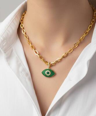 Joie Gold Yeşil Taşlı Göz Kolye - Nihan Dulon